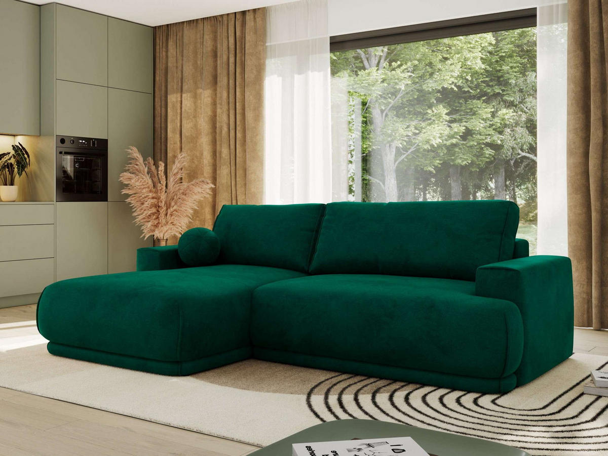 ECKSCHLAFSOFA RINA L Dunkelgrün Velvet - links - Dunkelgrün/Schwarz, Kunststoff/Textil (267/170cm) - MKS