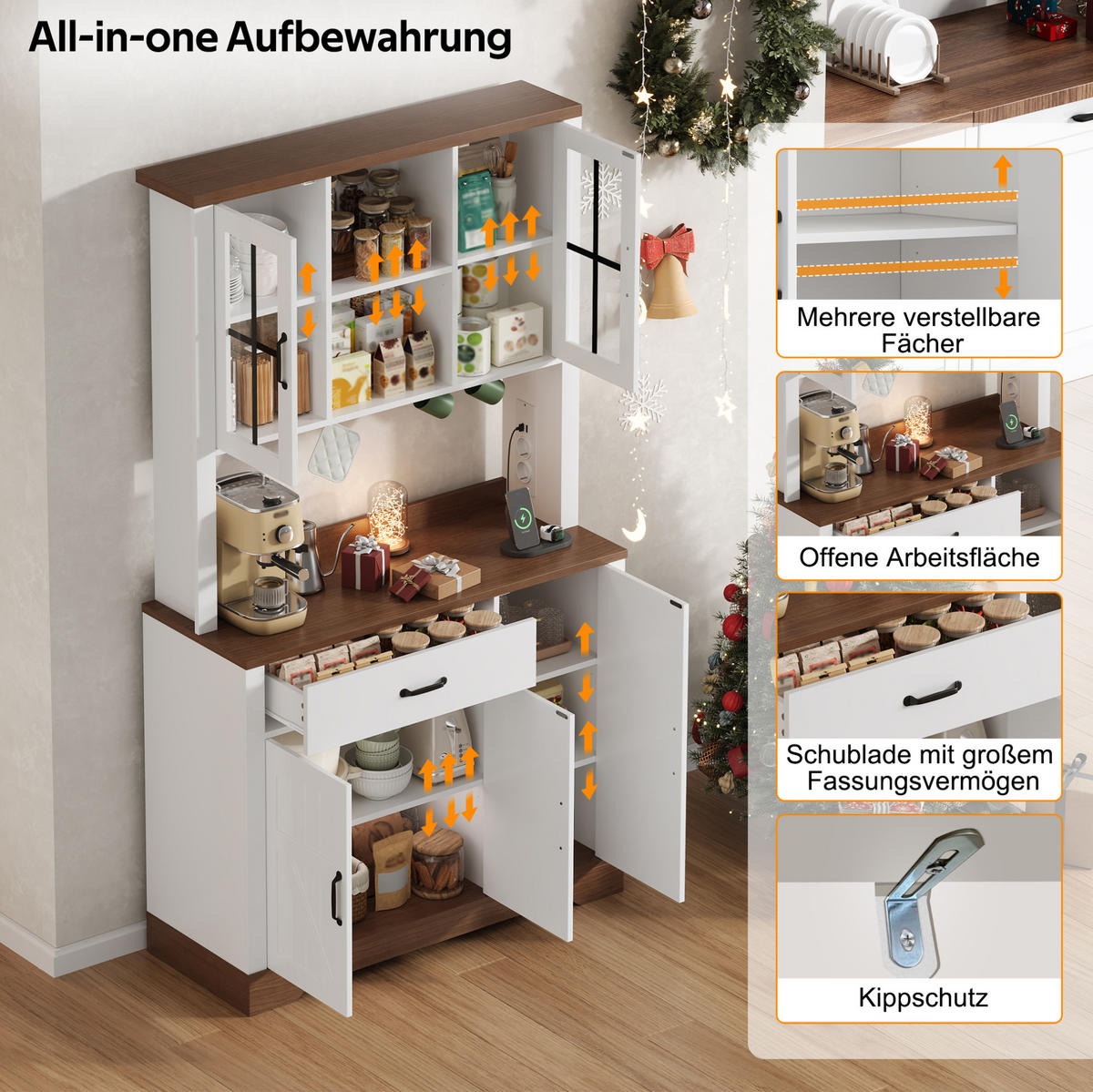 BUFFET aus MDF 105x40x185 cm Natur/Weiß mit LED-Beleuchtung, Steckdosenmodul und verstellbaren Einlegeböden - Naturfarben, Holzwerkstoff (105/185/40cm) - Modfu