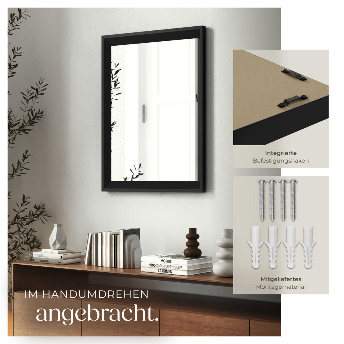 RECHTECKIGER WANDSPIEGEL Elina,integrierte Befestigungshaken,schwarz - Schwarz, Glas (40/60/3.8cm) - tectake