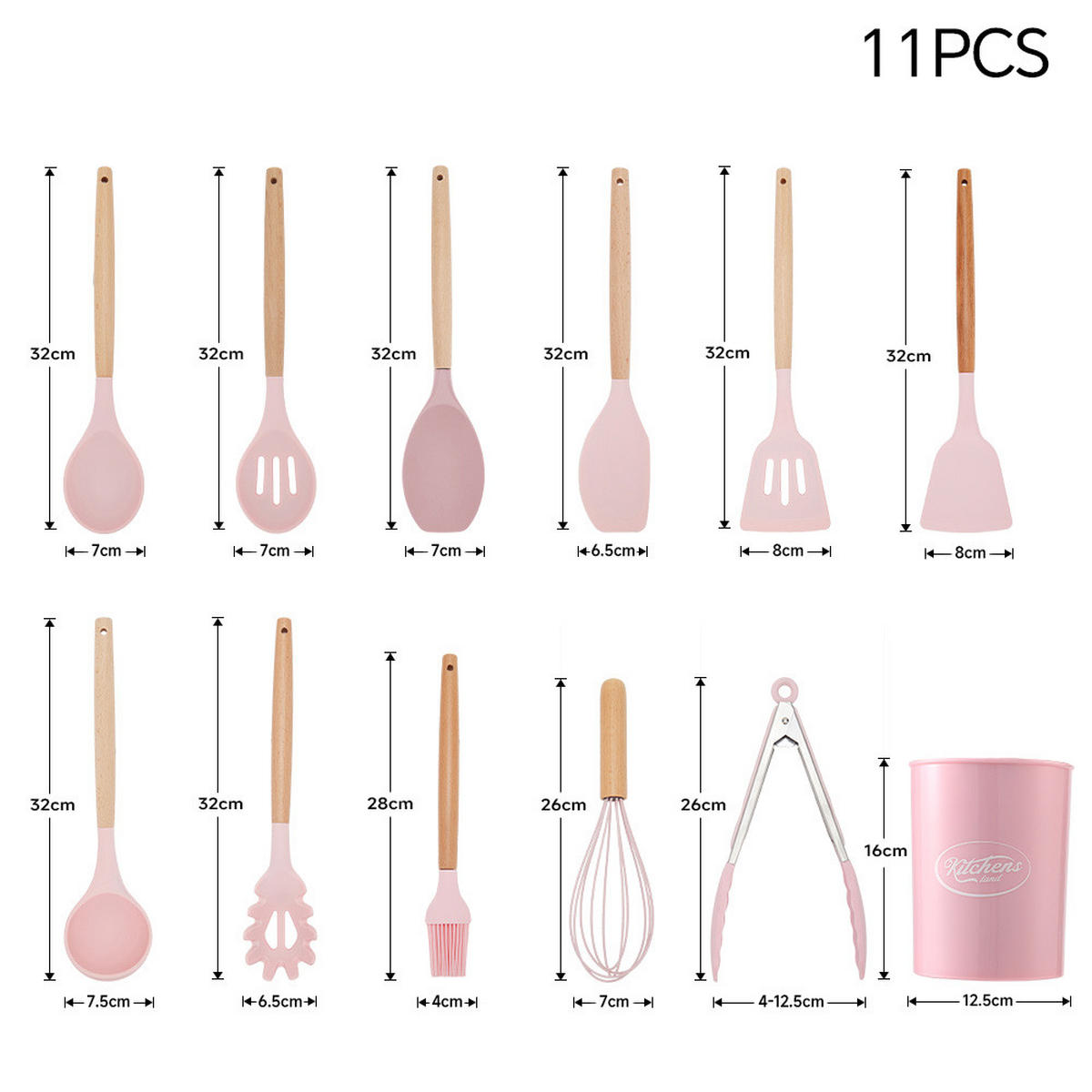 KÜCHENUTENSILIEN 11er-Set Holzhandgriff Silikon Rosa - Rosa, Holz/Kunststoff (13/34/12.5cm) - Livingandhome