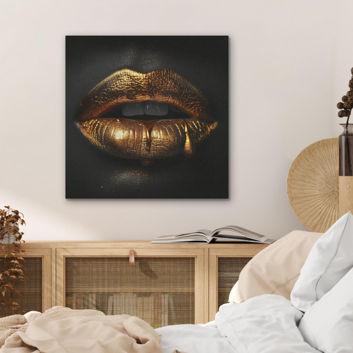 AKUSTIKBILD Frau - Porträt - Lippen - Gold - Schwarz Wandbilder 60x60 cm - Schwarz, Kunststoff (60/60/0.9cm) - MuchoWow