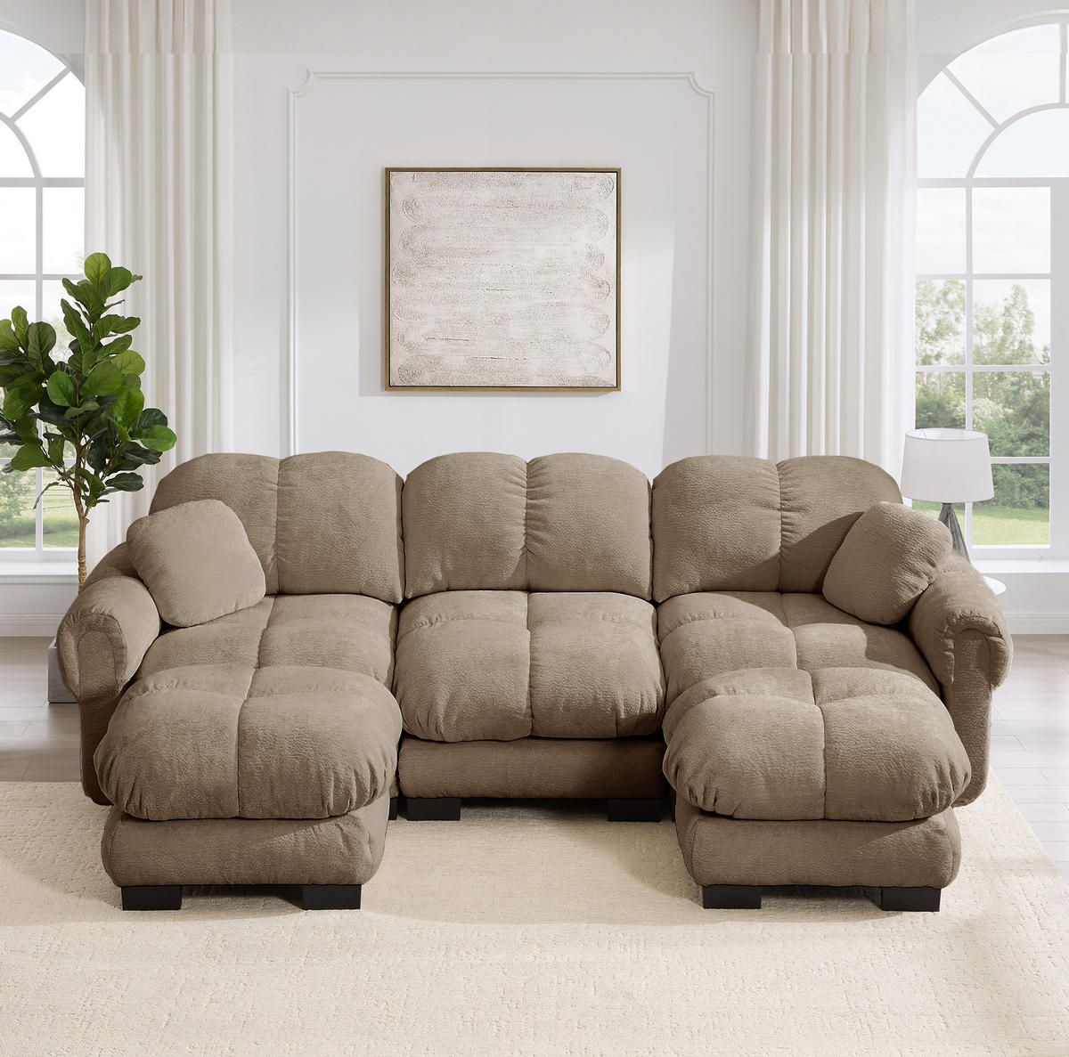 SOFA U-Form 3-Sitzer Chenille Braun mit beweglichem Hocker - Braun, Holz (149/90/260.1cm) - Meubliv