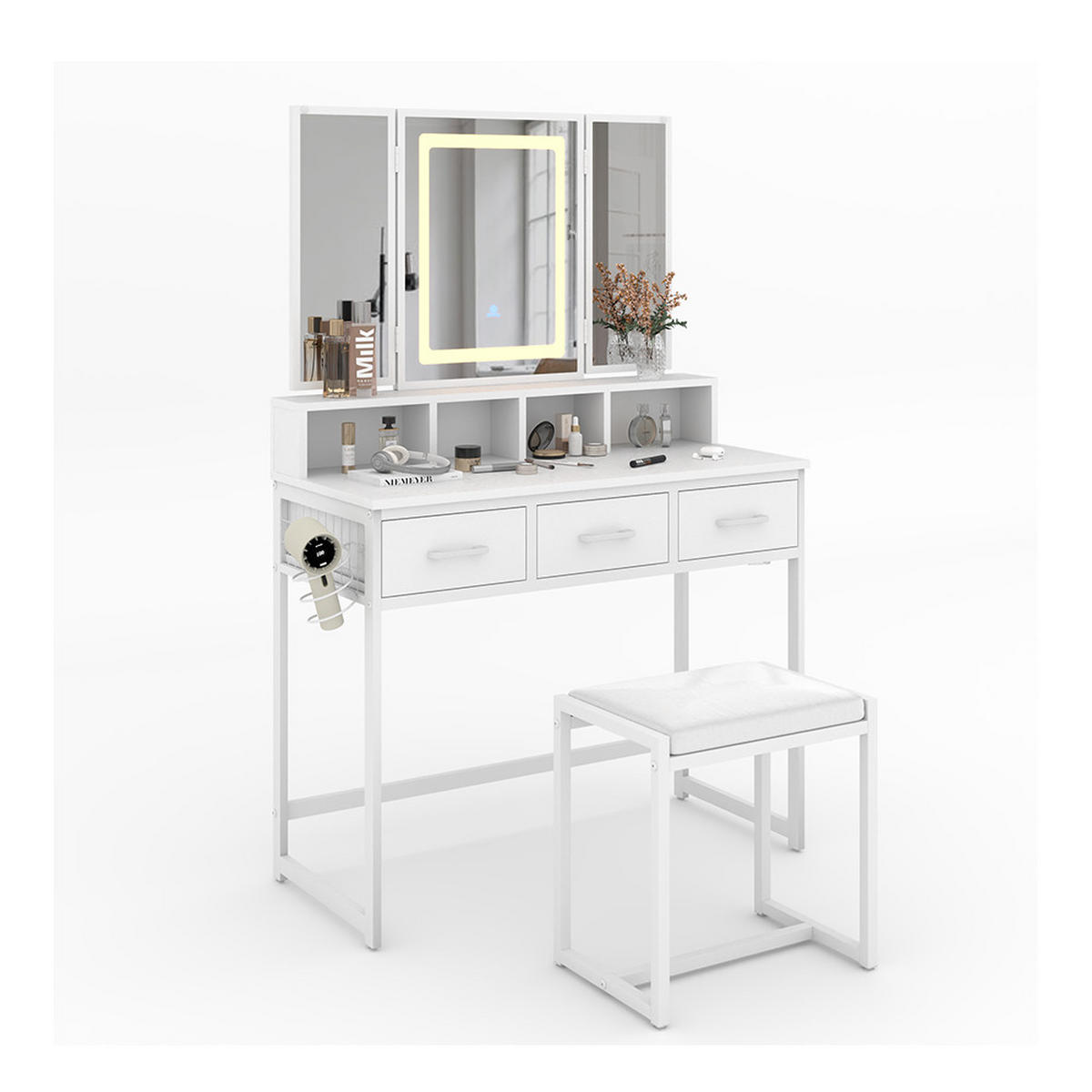 SCHMINKTISCH Mavida Weiß 90 cm mit LED-Spiegel und Hocker - Weiß, Holzwerkstoff (90/137.5/40cm) - Vicco