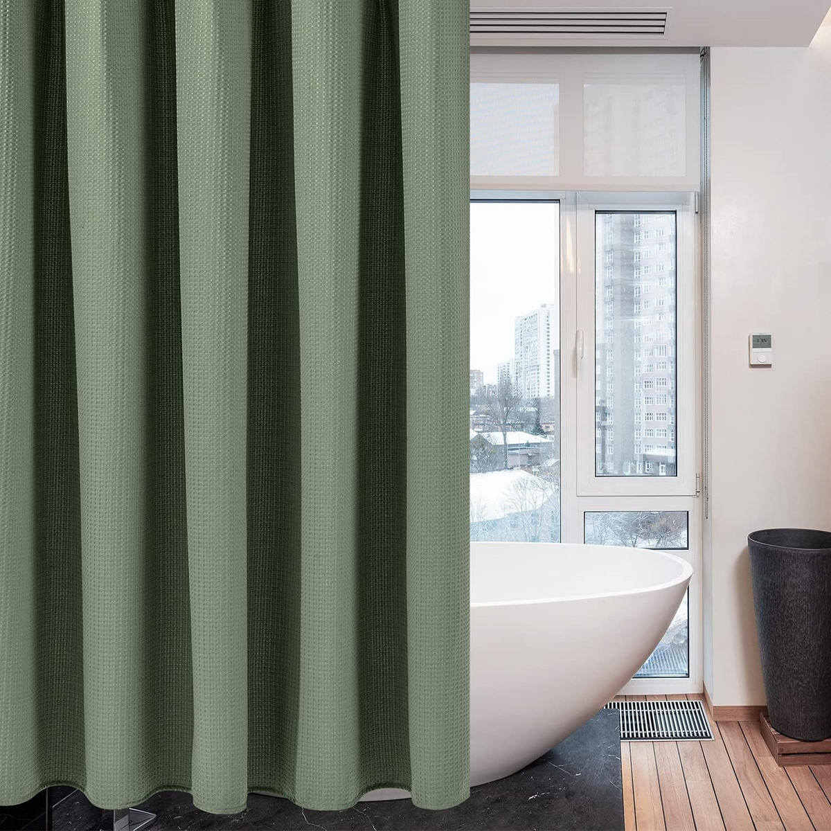 DUSCHVORHANG Grün Waffelstruktur Polyester wasserdicht schimmelresistent mit Ringen - Grün, Textil (182/152cm) - MCBOSON