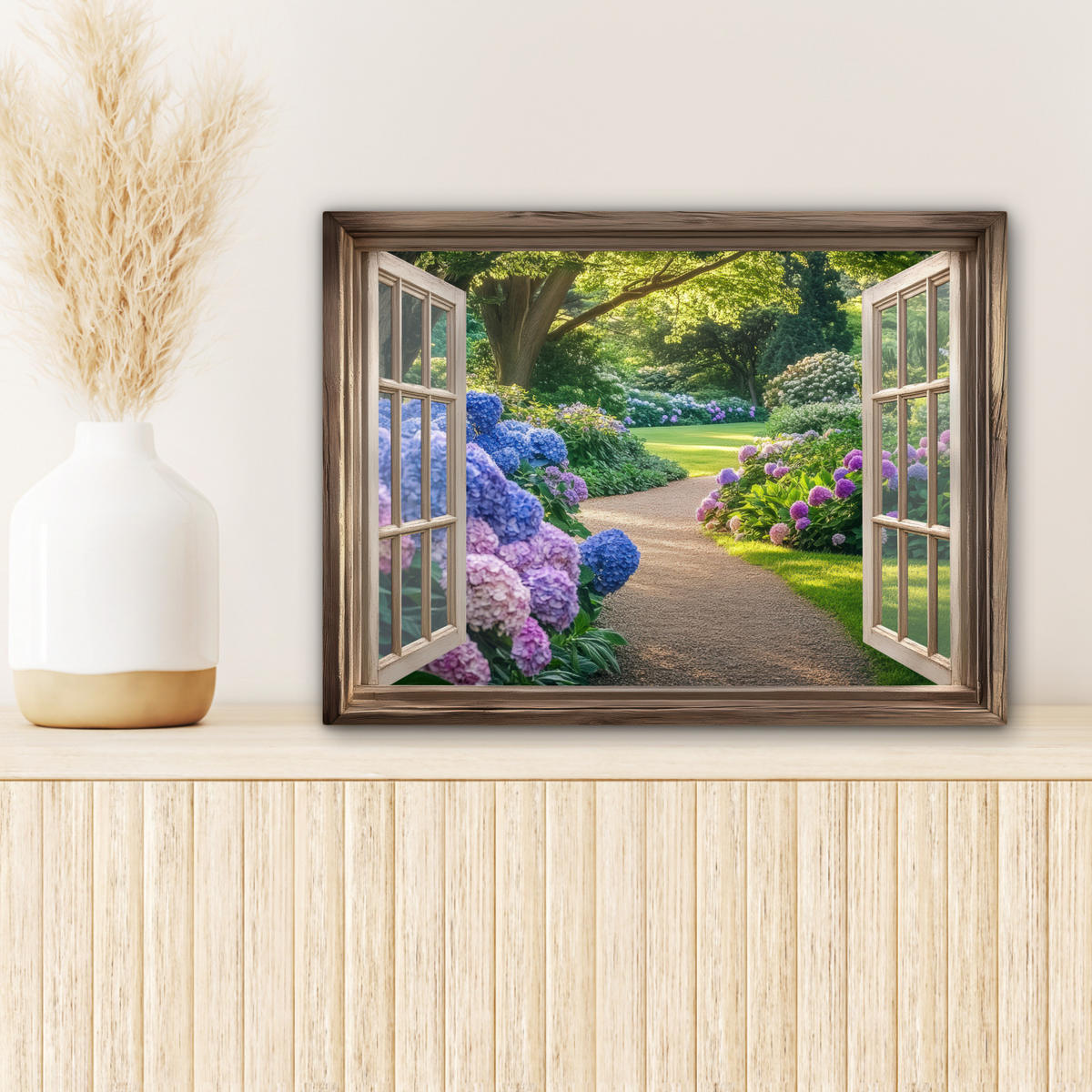 LEINWANDBILD Aussicht - Garten - Fenster - Hortensie - Blumen 40x30 cm - Pastellblau, Textil (40/30cm) - MuchoWow