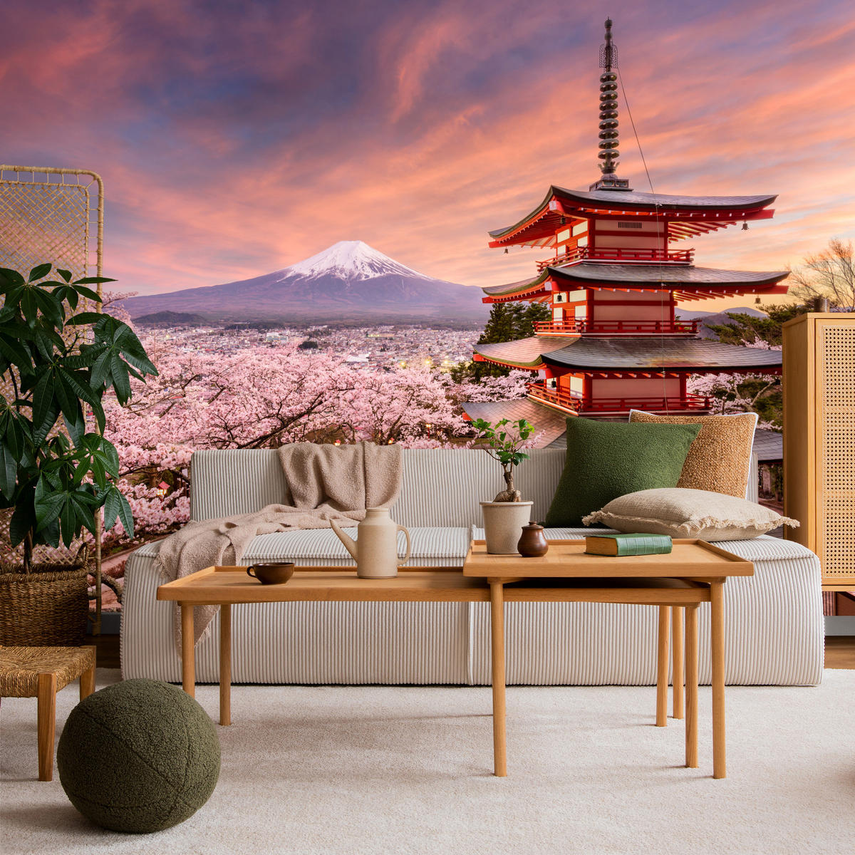 FOTOTAPETE Pagode Berg Fuji Sakura Landschaft 3D 200x140 - Rot/Violett, Papier (200/140cm) - Muralo