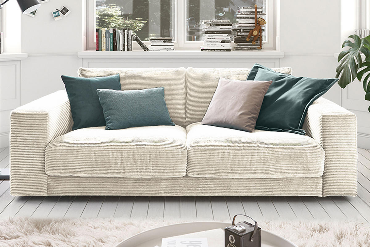 SOFA 2-SITZER MADELINE Cremeweiß Cord - Creme/Schwarz, Kunststoff/Textil (230/85/127cm) - KAWOLA