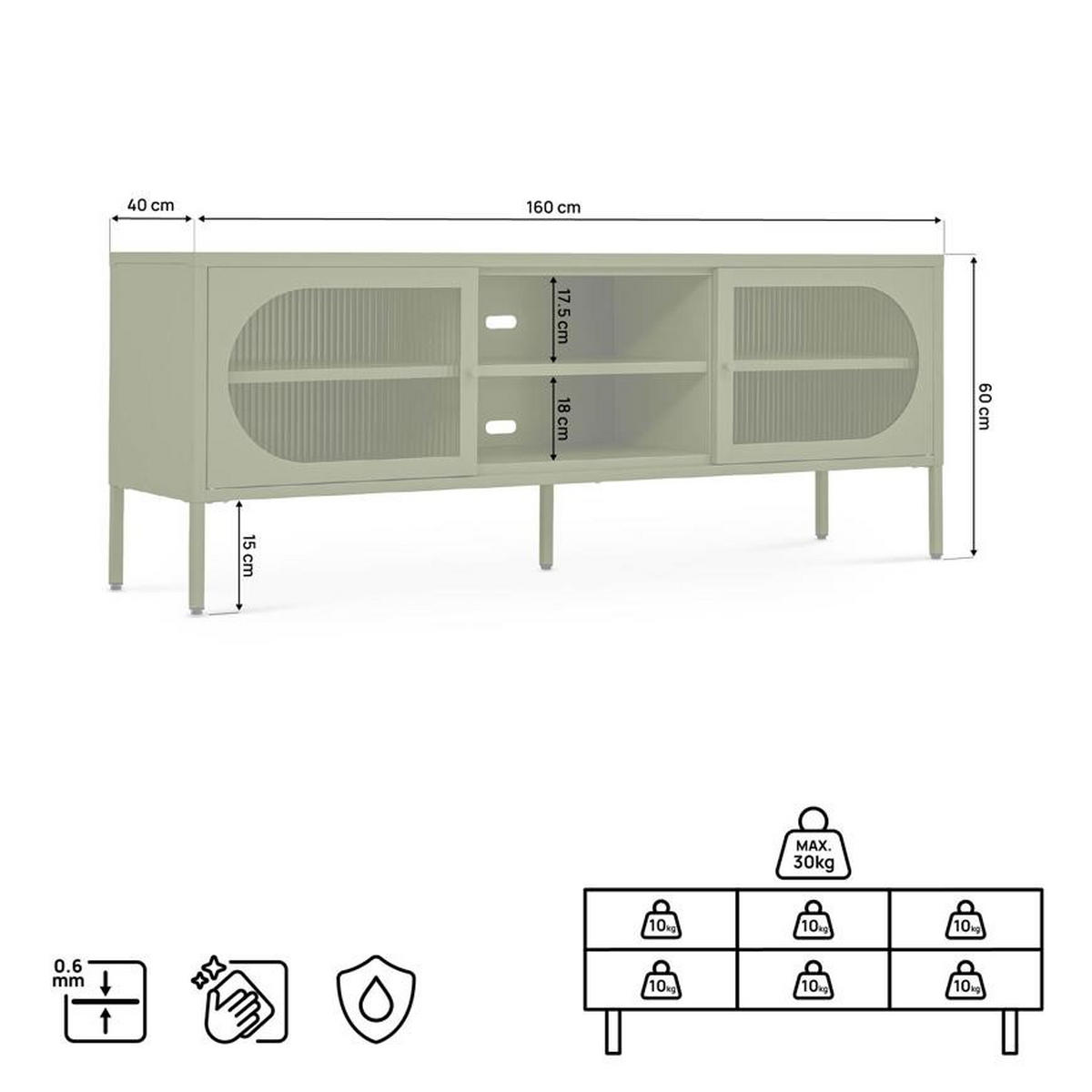 TV-LOWBOARD Industrielles aus olivgrünem Metall, 160 cm, 2 Türen aus geriffeltem Glas - COME - Grün, Metall (160/60/40cm) - Sicaan