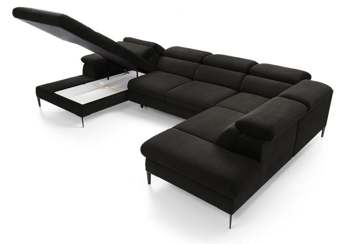 ECKSOFA U-Form 350 cm Amaro M mit Schlaffunktion, Links, Schwarz - Schwarz, Holz (214/353cm) - Emporius
