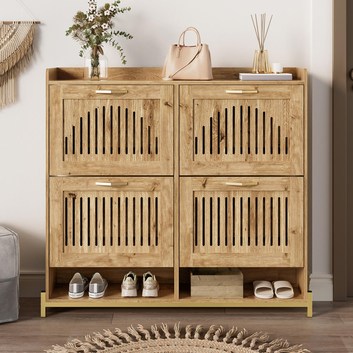 SCHUHSCHRANK 4 Türen Vertikale Lamellentüren Metallrahmen Ablage - Naturfarben, Holzwerkstoff (24/100/108.5cm) - FLIEKS