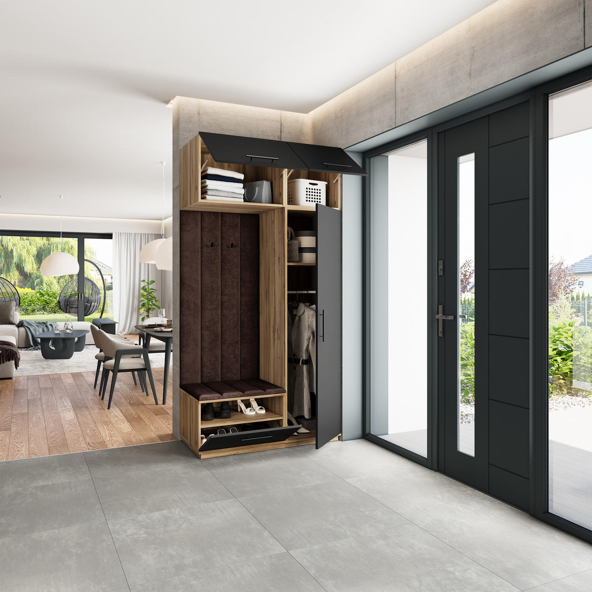 GARDEROBENSCHRANK REMA 120/240/60 cm Modern Garderobe-Set Eiche Wotan - Eiche Wotan/Schwarz, Holzwerkstoff (120/240/60cm) - MASSENO