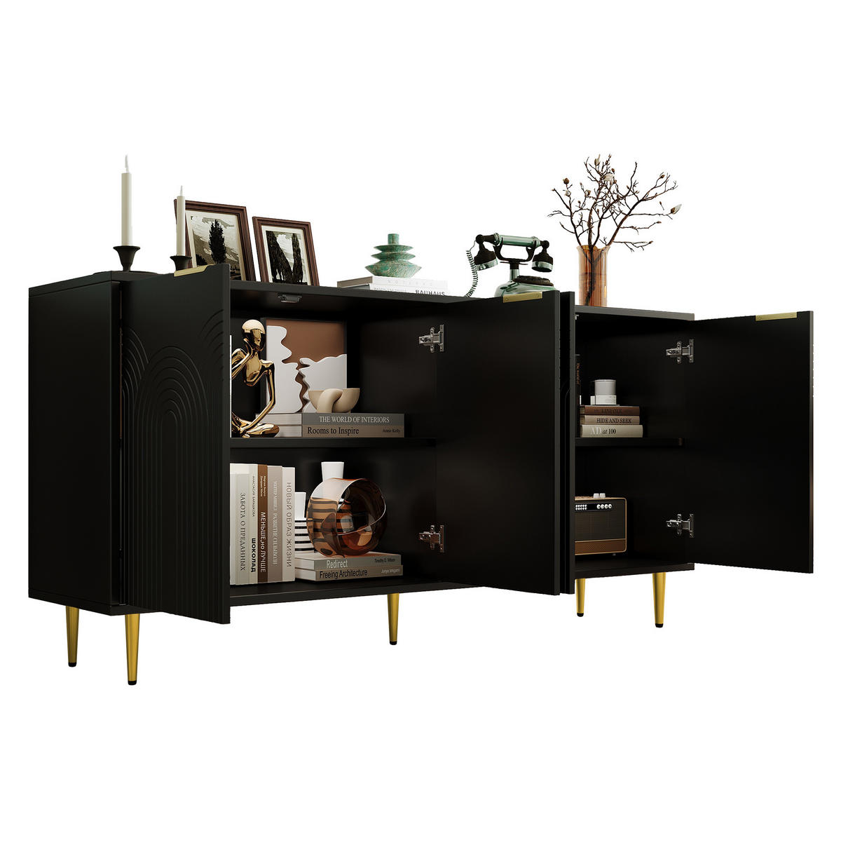 SIDEBOARD 160/40/80 cm schwarz aus MDF und Spanplatte mit 4 Türen - Schwarz, Holzwerkstoff (160/80/40cm) - OKWISH