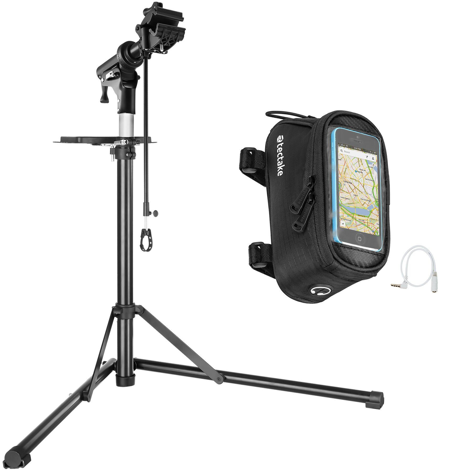 REPARATURSTÄNDER mit Rahmentasche ,wasserabweisende Rahmentasche mit Klettverschluss sowie Handyfach mit Touch-Sichtfenster,schwarz - Schwarz, Metall (81/169/108cm) - tectake