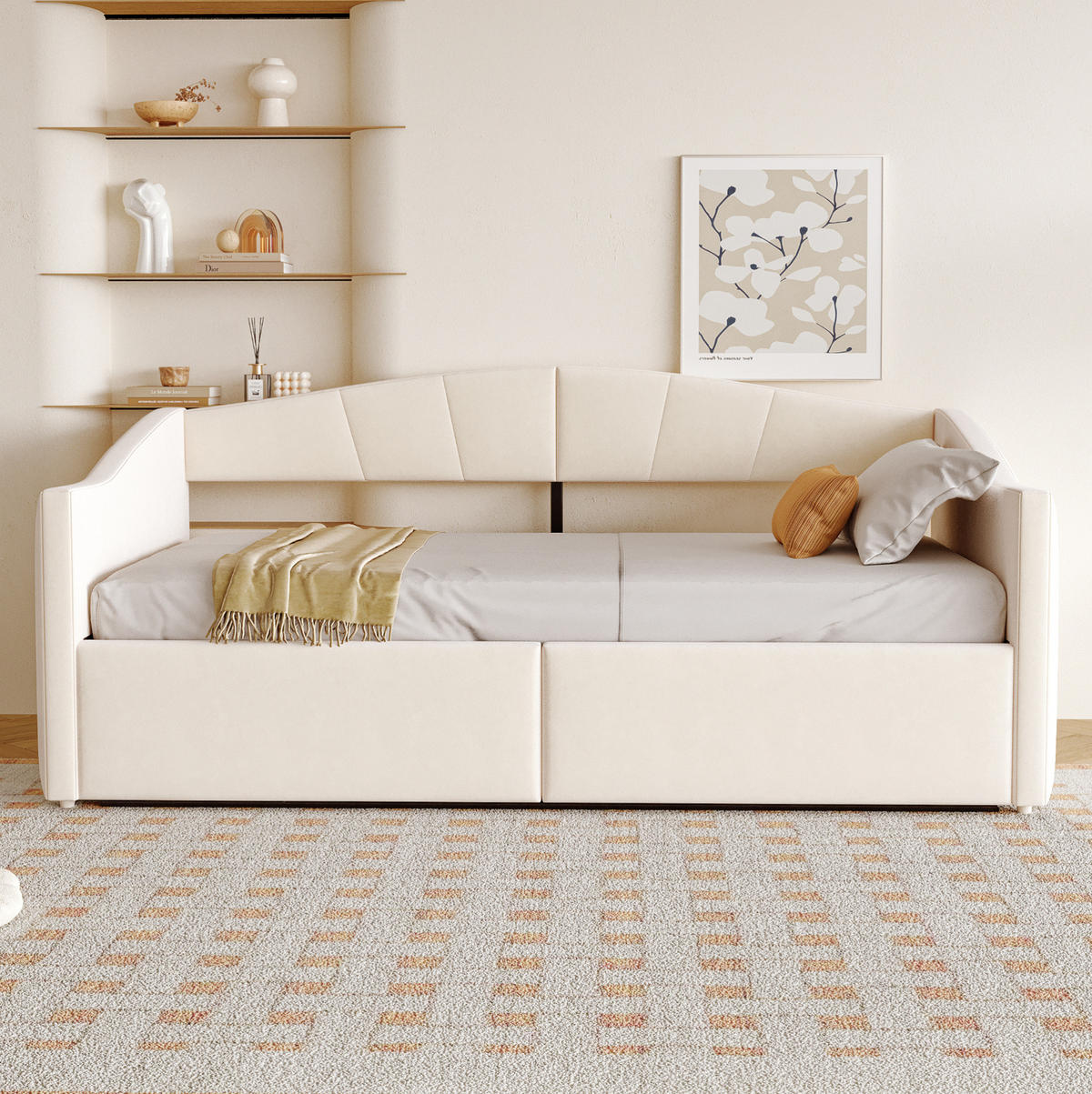 ČALÚNENÁ posteľ z velúru 90x200 cm béžová s hydraulickým úložným priestorom, lamelovým roštom a podrúčkami - béžová, textil (90/200cm) - Modfu
