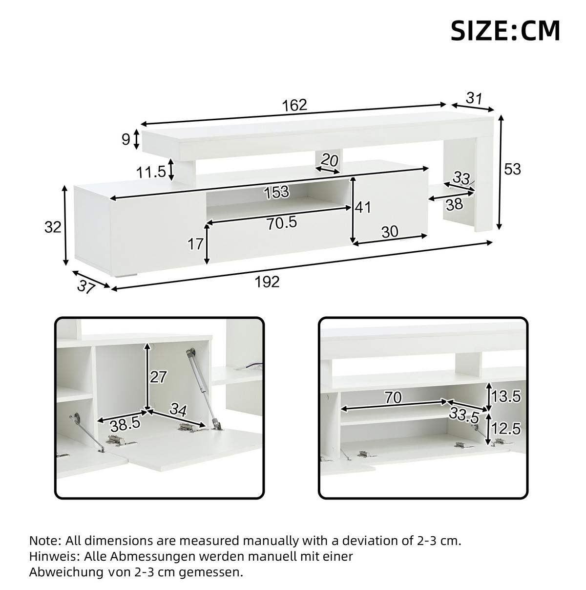 LOWBOARD 192/37/53 cm Weiß aus Spanplatte mit LED-Beleuchtung und Hochglanzfront - Weiß, Holzwerkstoff (37/53/192cm) - OKMYHOME
