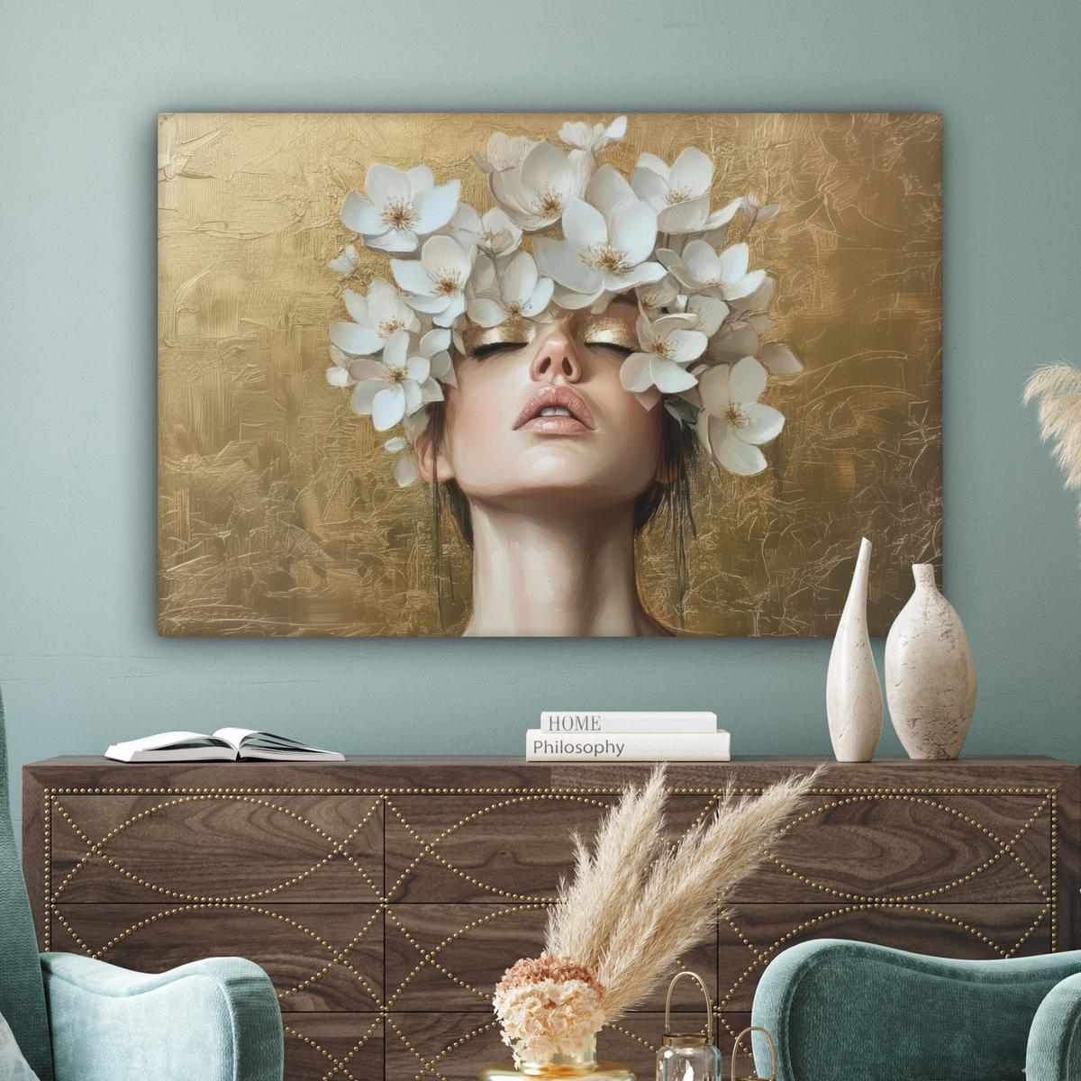 LEINWANDBILD Gesicht - Blumen - Gold - Abstrakt Wohnzimmer Groß 120x80 cm - Goldfarben, Textil (120/80cm) - MuchoWow