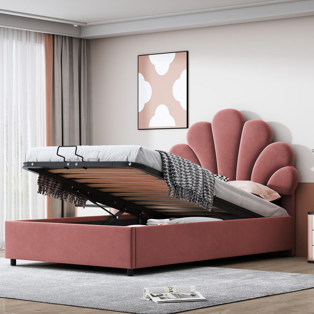 KINDEREINZELBETTEN aus Samt 90x200 cm in Rosa mit hydraulischem Stauraum - Rosa, Textil (90/200cm) - Modfu