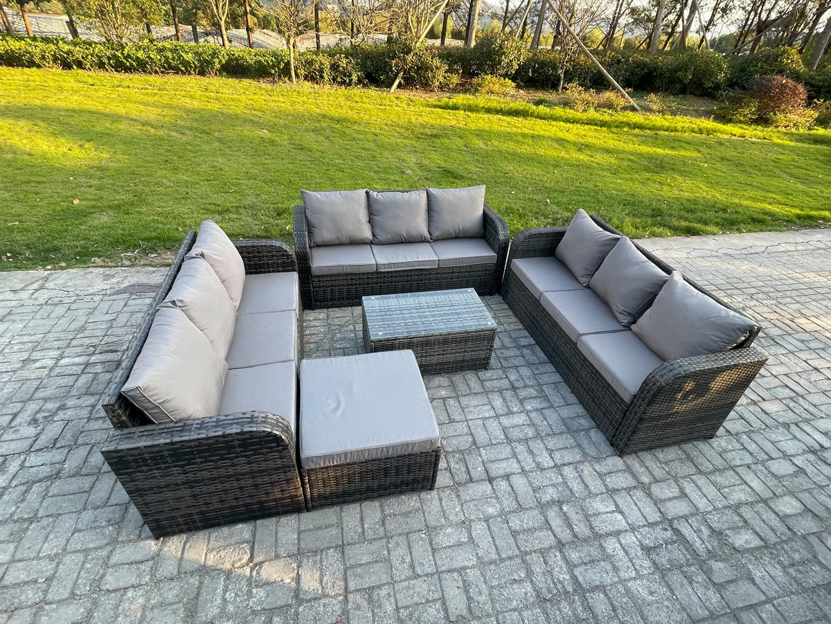 GARTENMÖBELGARNITUR mit KISSEN Polyrattan Dunkelgrau 10-Sitzer - Dunkelgrau/Grau, Glas/Kunststoff - Fimous