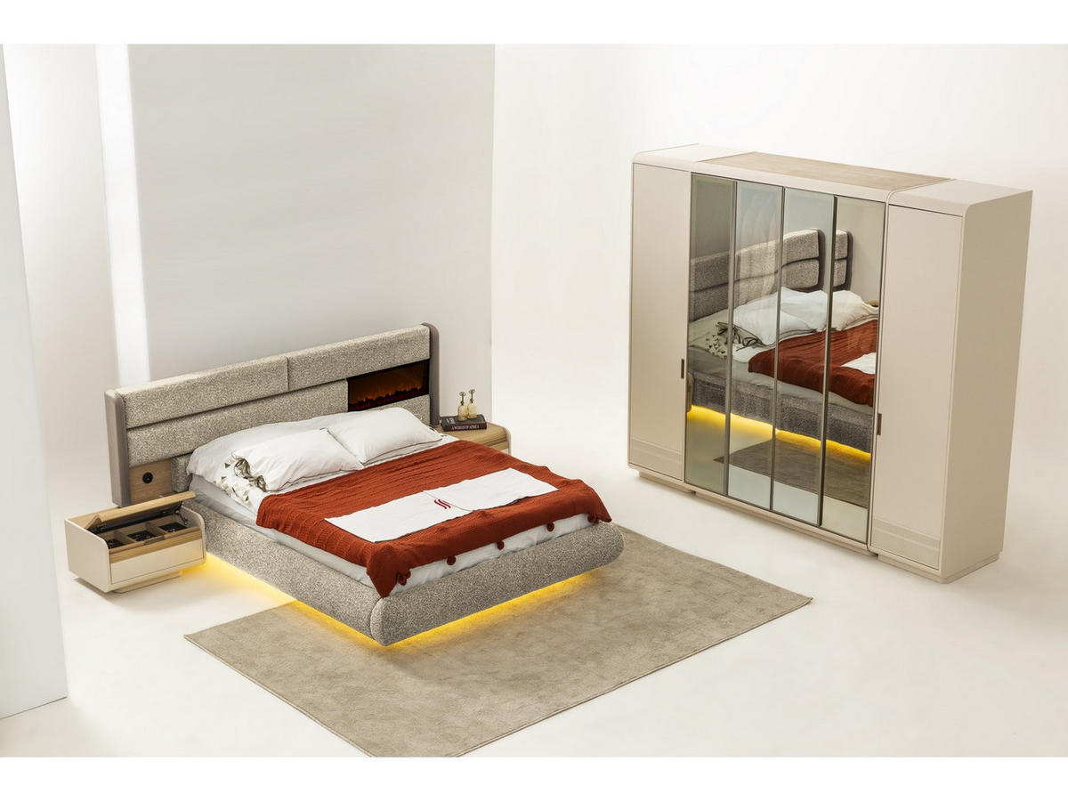 BETTANLAGE Aura Neu Typ-1 Bett mit Kopfteil, 2 Nachttische, Kleiderschrank und Kommode - Beige, Holzwerkstoff (160/200cm)