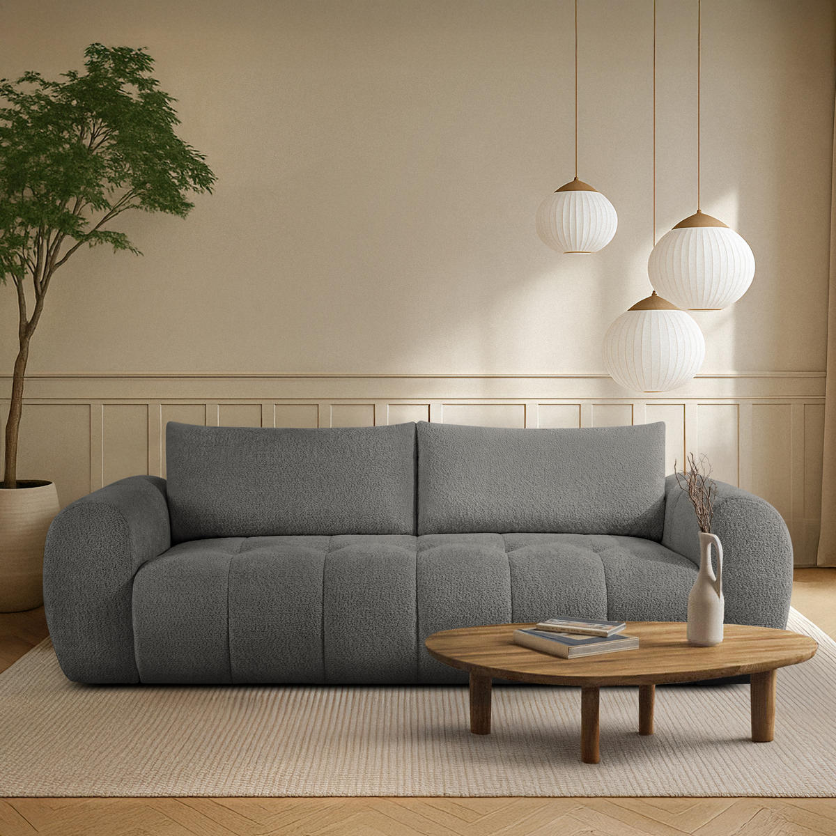 EINZELSOFA LIRA, Dunkelgrau, Bouclé - Dunkelgrau, Holz/Holzwerkstoff (256/84/112cm) - KONSIMO®