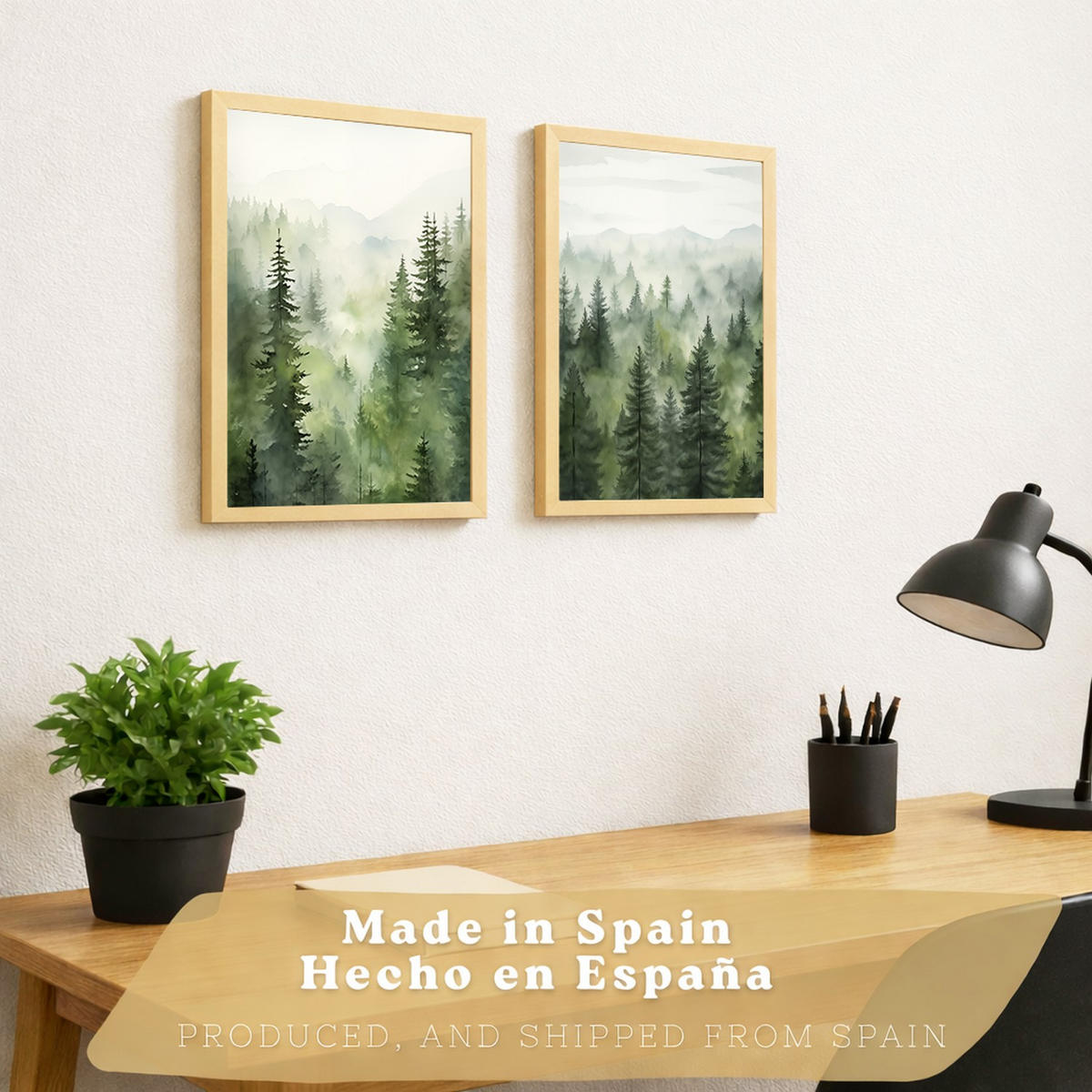 PLAKAT Sada 2 dekorativních tisků Nordic Forest Landscape obývák Obrázky - Zelené dekorativní plakáty Dekorace ložnice Obývák A4 světlý dřevěný rám - béžová, papír (29.7/42/3cm)