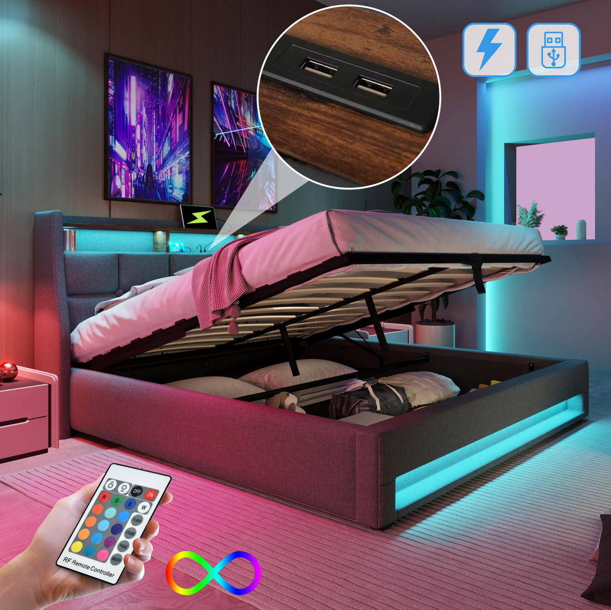 POLSTERBETT 140/200 cm mit LED-Beleuchtung, USB-Anschluss und Bettkasten, Grau - Grau, Textil (140/200cm) - Redom