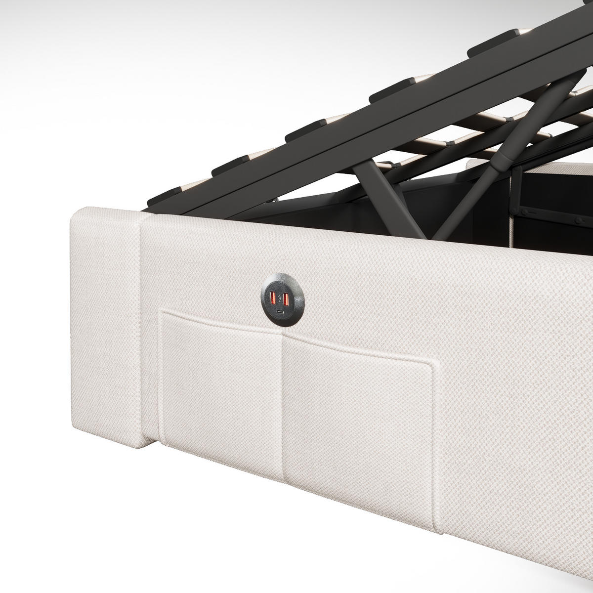 POLSTERBETT 140/200 cm Beige Hydraulisches Stauraumbett mit LED-Beleuchtung - Beige, Textil (140/200cm) - OKWISH