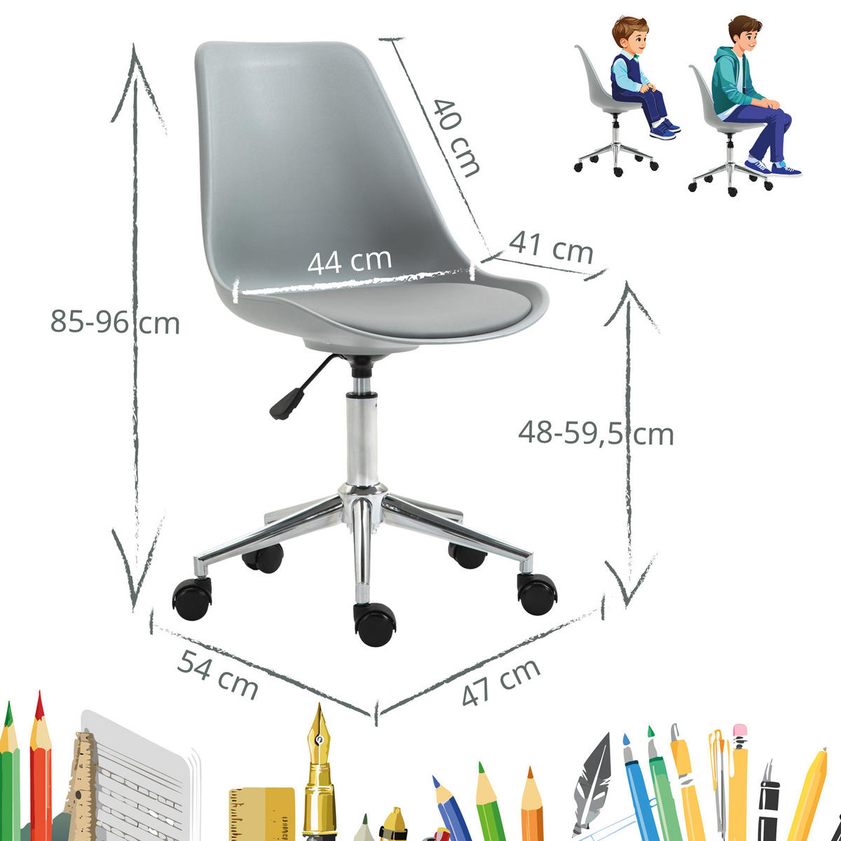 KINDERSCHREIBTISCHSTUHL EDDY Grau - Silberfarben/Grau, Textil (47/96/54cm) - SVITA