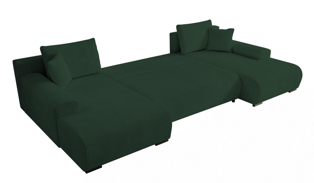 WOHNLANDSCHAFT Nelly U mit Bettkasten und Schlaffunktion, Cordstoff in U-Form - Grün, Textil (349/80/185cm)