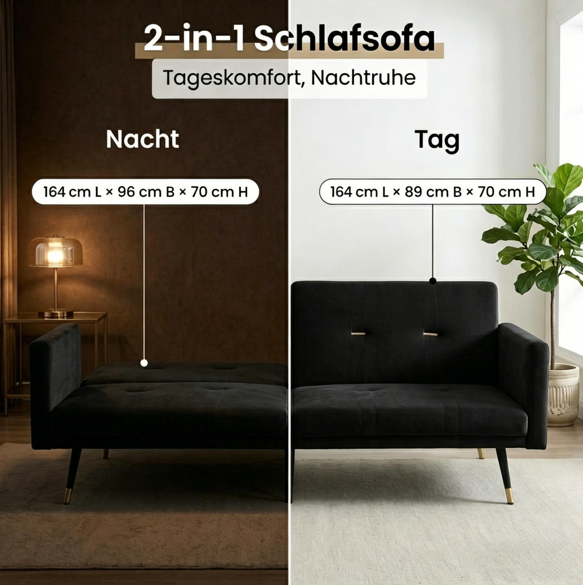 SCHLAFSOFA mit verstellbaren Rückenlehnen, 2-in-1 Funktion und Samtbezug, Schwarz - Schwarz, Textil (164/70/89cm) - Redom