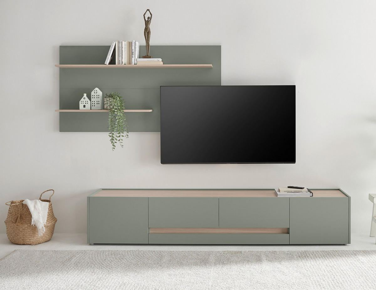WOHNWAND in Salbei Grün mit Eiche, Wohnkombination 2-teilig mit XXL TV-Lowboard, Breite 300 cm - Salbeigrün/Eichefarben, Holz/Holzwerkstoff (300/190/45cm) - Furn.Design