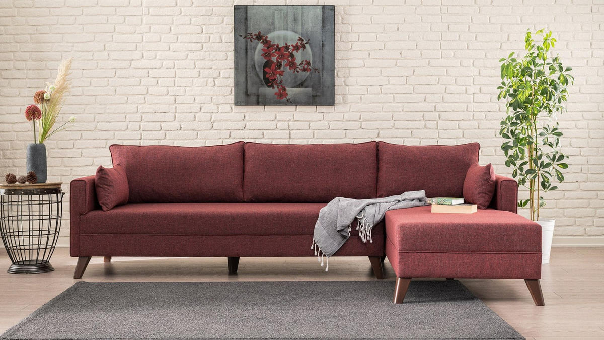 ECKSOFA mit losen Rückenkissen und Schlaffläche - Rot/Walnussfarben, Holz/Kunststoff (165/275cm) - myHomelando