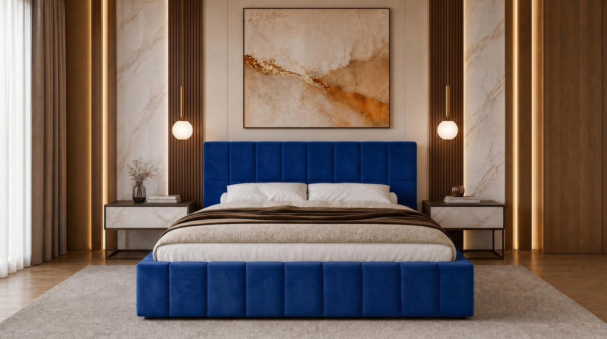 POLSTERBETT 180x200 cm, Alma, Doppelbett mit Bettkasten, Lattenrost aus Holz, Velourstoff, Dunkelblau - Dunkelblau, Holz/Kunststoff (180/200cm) - Marpur