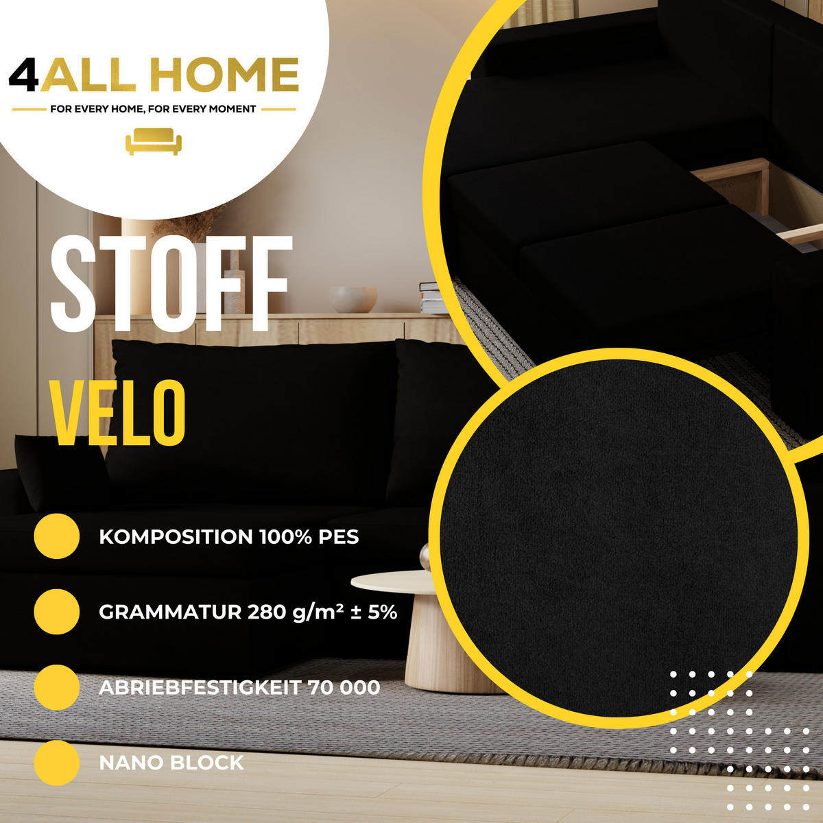 ECKSOFA Paco mit Bettkasten und Schlaffunktion, L-Form/XL-Form, Velourstoff, Universal - Schwarz, Holzwerkstoff (276/145cm) - 4ALL HOME