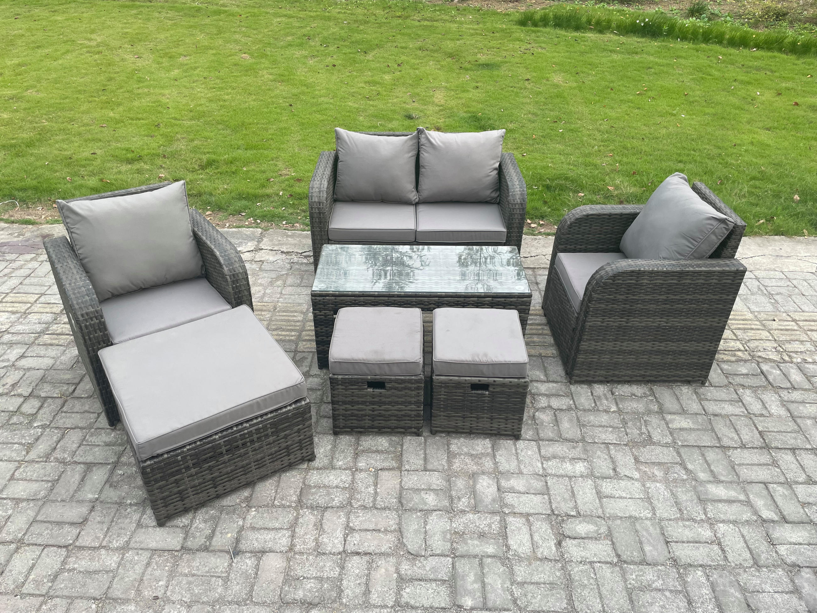 GARTENSOFA SET mit COUCHTISCH Polyrattan 7-Sitzer - Dunkelgrau/Grau, Glas/Kunststoff - Fimous