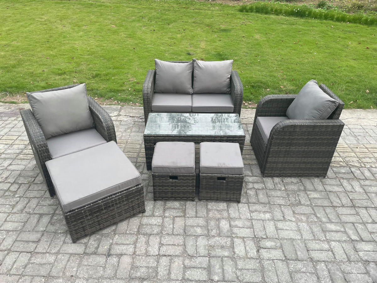 GARTENSOFA SET mit COUCHTISCH Polyrattan 7-Sitzer - Dunkelgrau/Grau, Glas/Kunststoff - Fimous