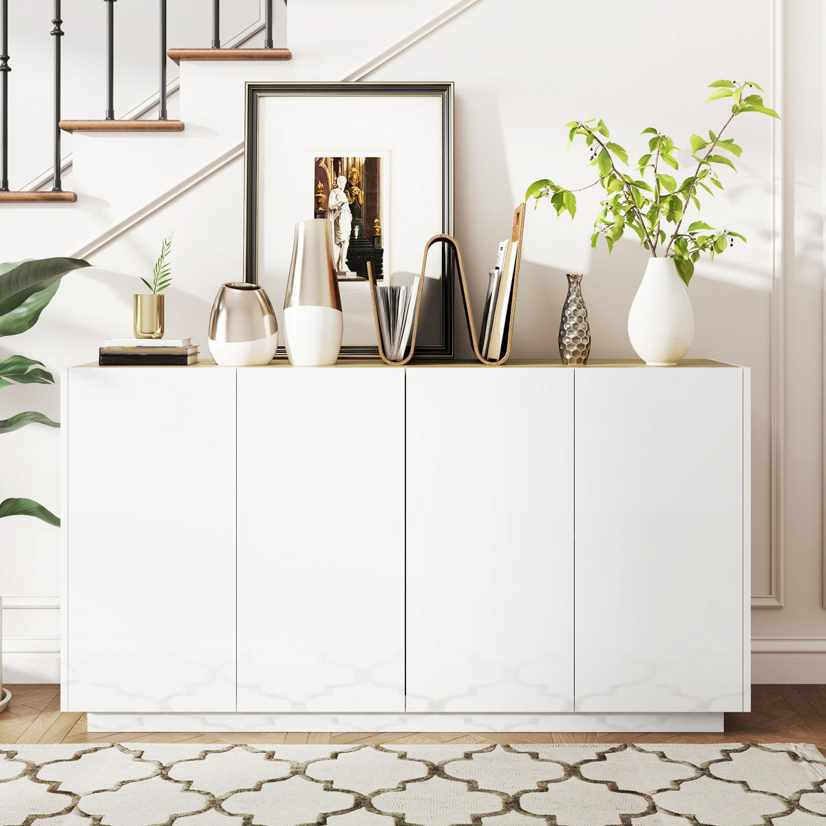 SIDEBOARD Weiß-Lack, Kiefer-Nachbildung, 4 Türen, 140/40/75 cm - Weiß Hochglanz, Holz (140/75/40cm) - PANGIVO