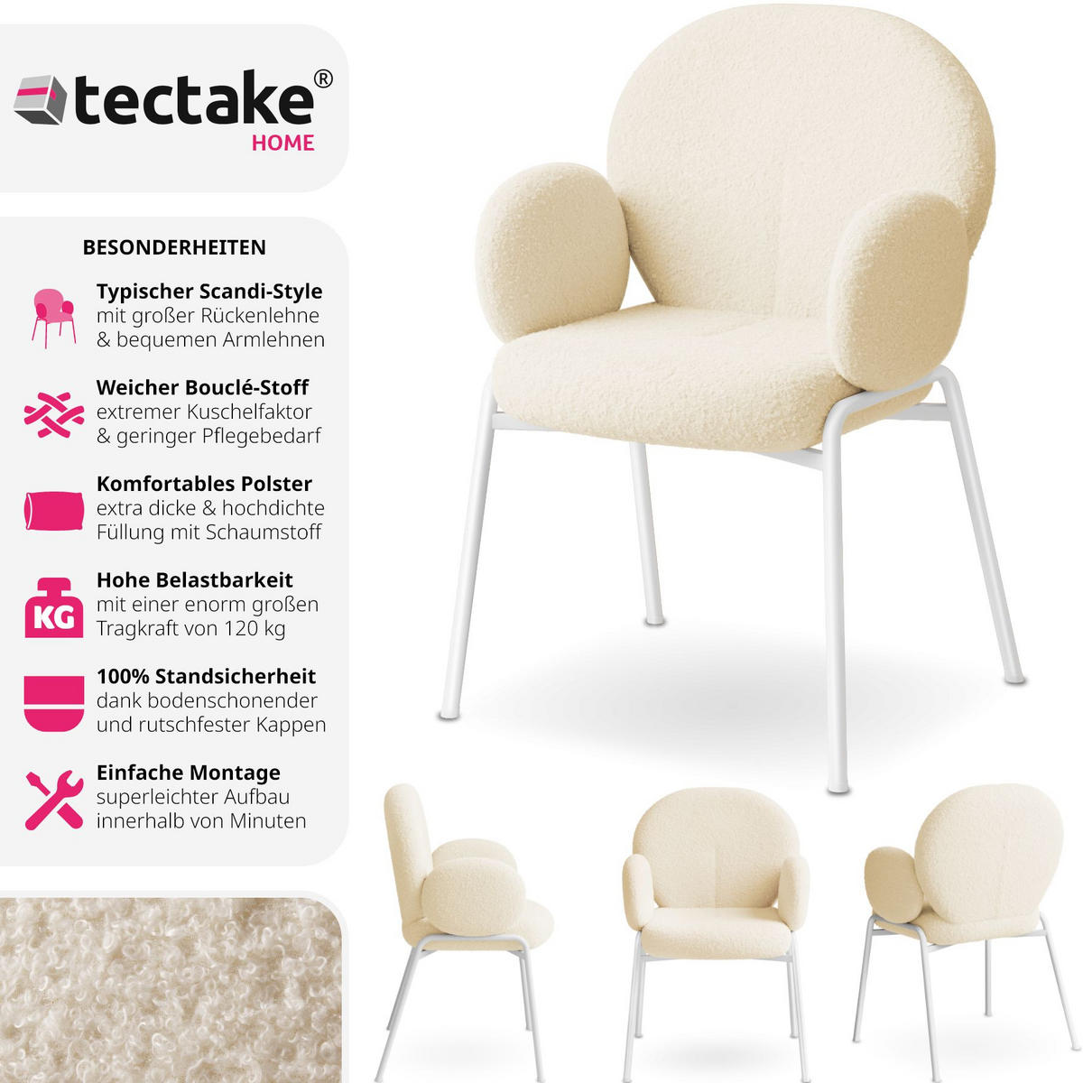 STUHL 6er Set Scandi Belastbarkeit 120 kg 61 5 x 62 x 90 - Creme, Kunststoff (62/90/61.5cm) - tectake