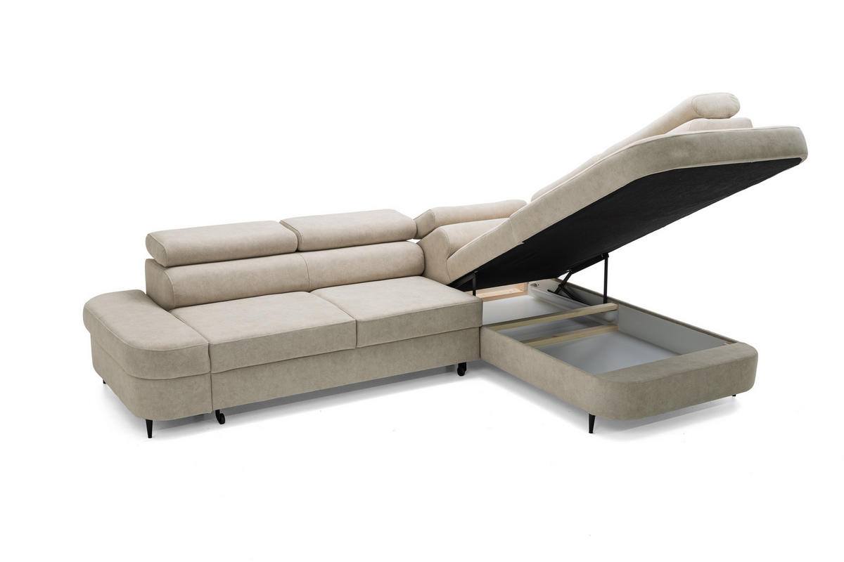 ECKSOFA PRIAM L Rechts mit Schlaffunktion 125x195 Velours Beige - Beige/Schwarz, Holz/Textil (203/275cm) - Muffo