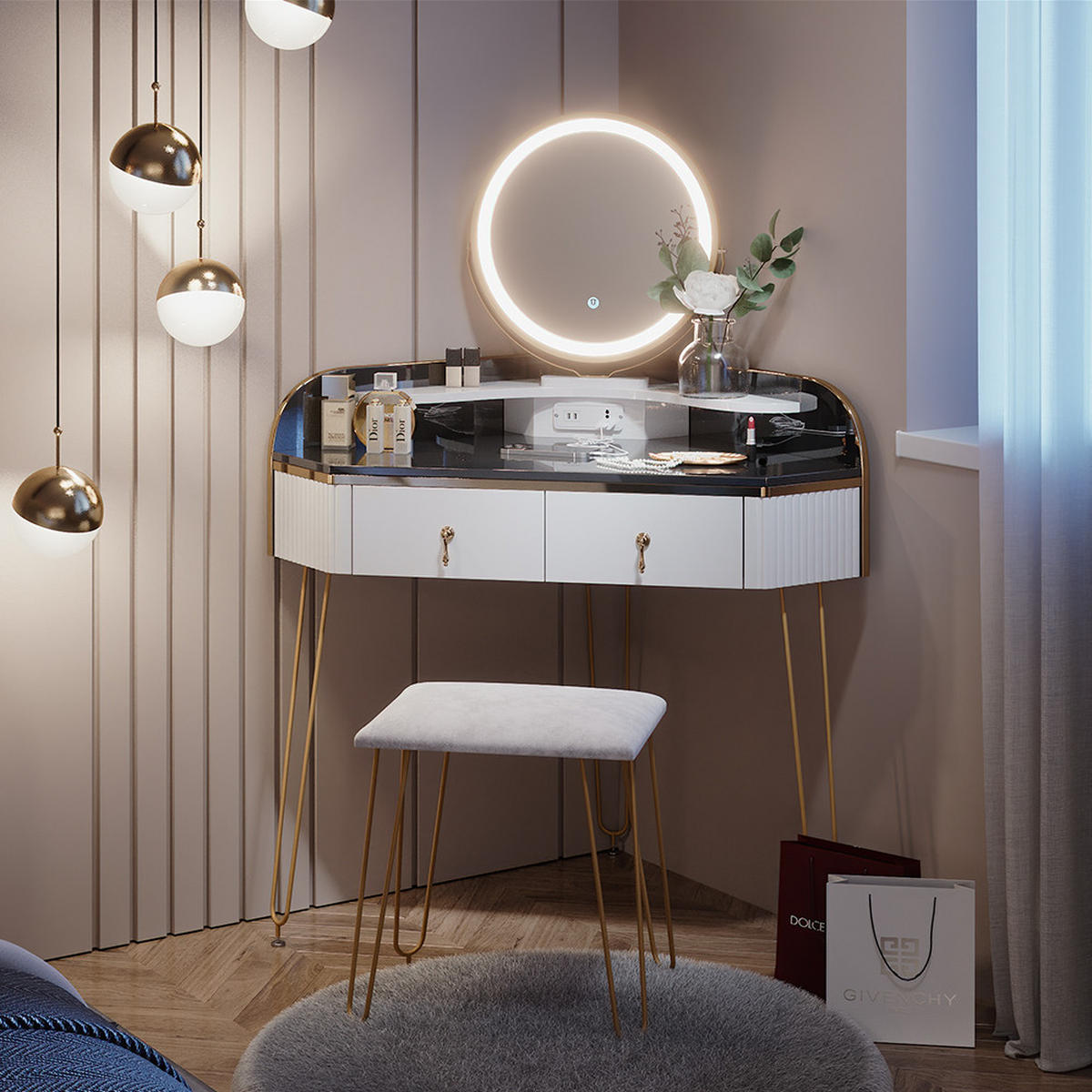 ECKSCHMINKTISCH Amira Weiß Hochglanz 99 cm mit LED Spiegel Hocker und USB - Weiß Hochglanz/Grau, Holzwerkstoff (99/134/70cm) - Vicco