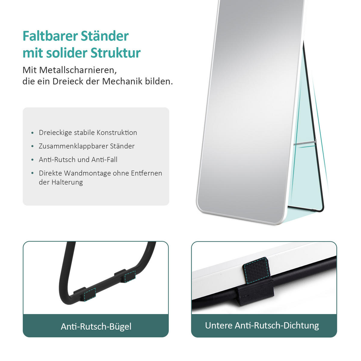 STANDSPIEGEL mit Rahmen Gehärteter Silberspiegel Weiß 160/60 cm - Weiß, Glas/Metall (60/160/160cm) - EMKE