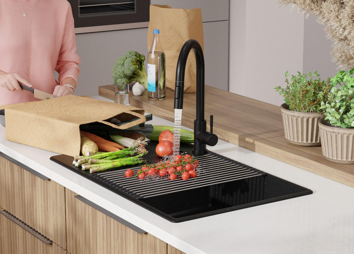 SPÜLBECKEN Kopenhagen, 2-er set Schwarz Metallic 78/50 cm 1 Becken + Ablauf-Set + Schneidebrett ab 60er Unterschrank - Chromfarben/Schwarz Hochglanz, Kunststoff (78/20/50cm) - Primagran