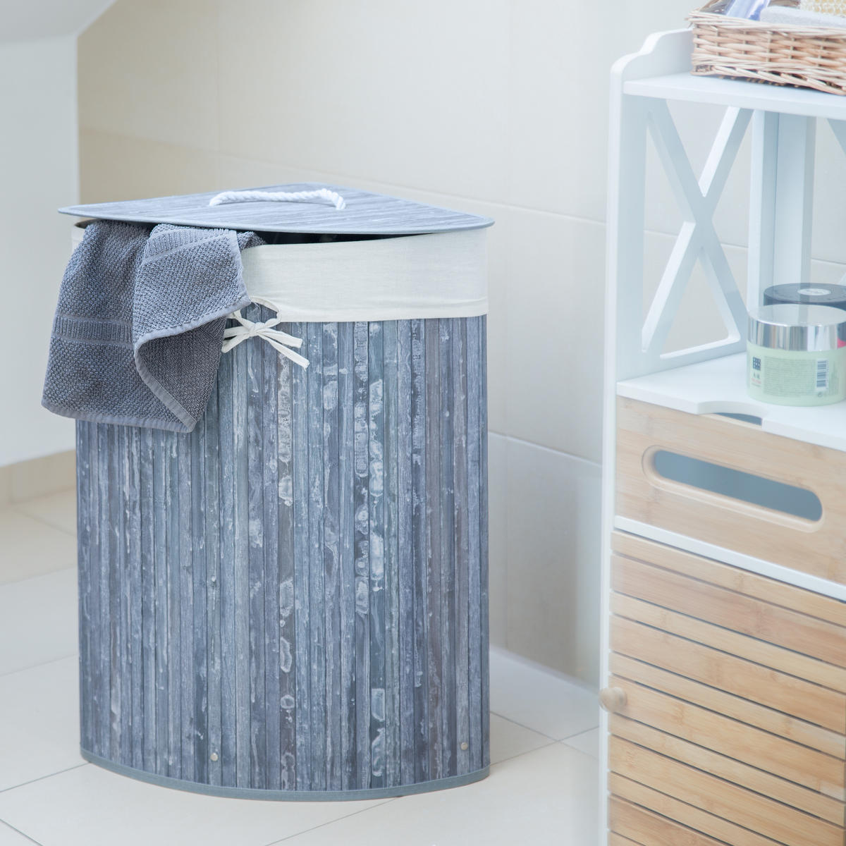 ECKWÄSCHEKORB - Grau, Holz/Textil (49.5/65/37cm) - Relaxdays