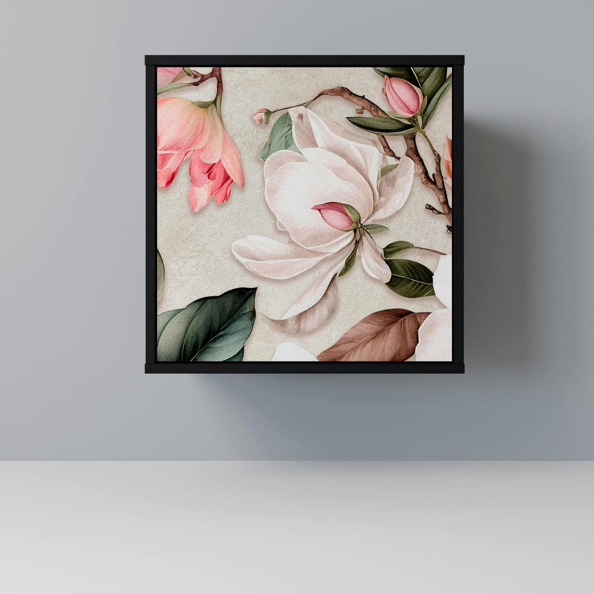 SIDEBOARD FLORAL GRACE, Schwarz, 57,5x42x67,5 cm, Schwarze Metall-Rahmenfüße - Multicolor/Schwarz, Holzwerkstoff/Metall (57.5/67.5/42cm) - SpaceRebels