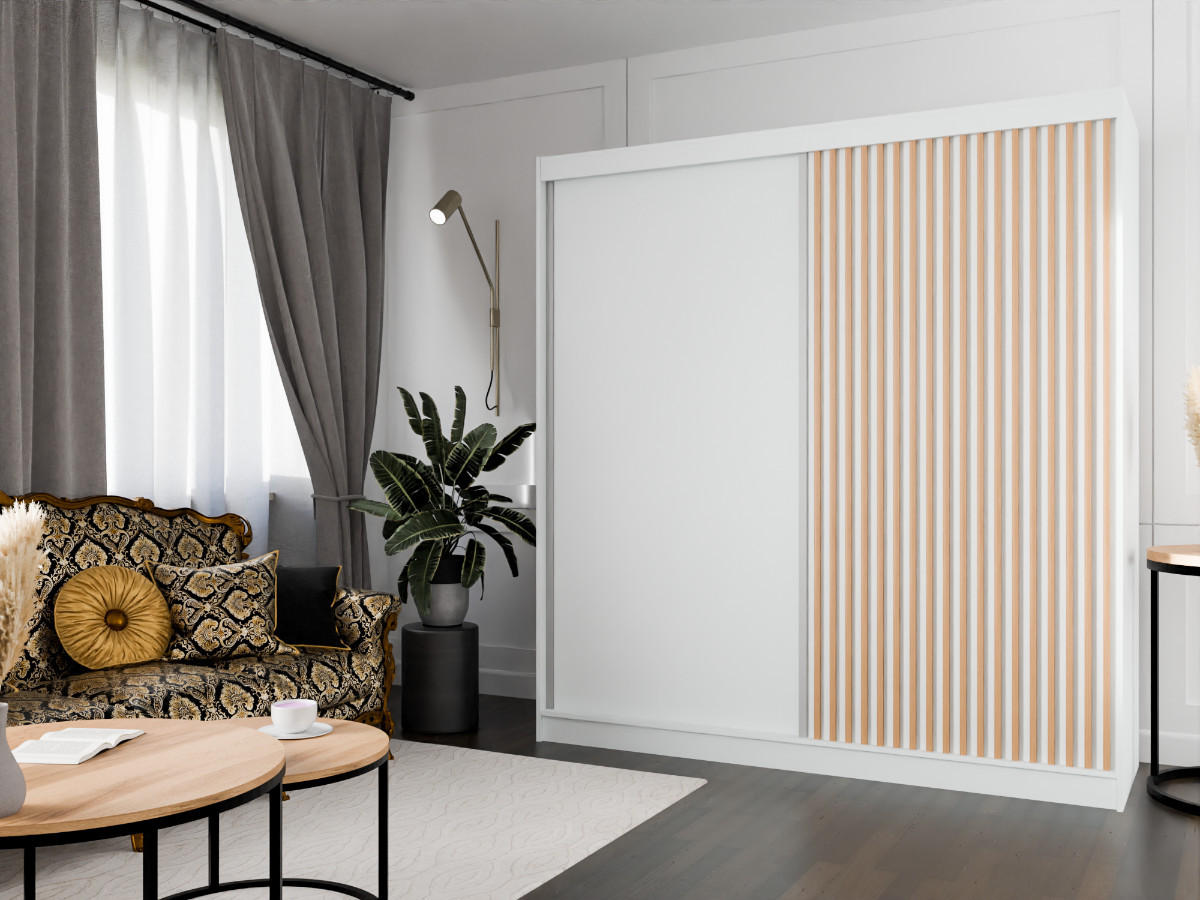 SCHWEBETÜRENSCHRANK Lili 200 cm mit Lamellen 2-türig, weiß, Lamelle wotan - Eiche Wotan/Weiß, Kunststoff (200/215/61cm) - Margaret Hadas24
