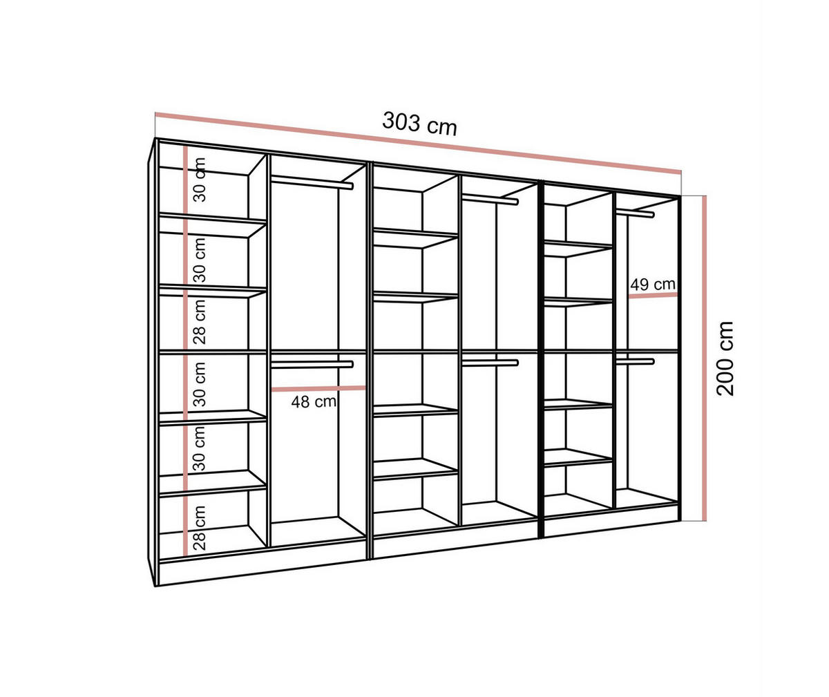 KLEIDERSCHRANK SANDBOX KASHMIR 300 303/49/200 cm Kaschmir / Kaschmir + geriffeltes Glas mit LED 12 Zusatzböden - Kaschmir/Transparent, Holzwerkstoff/Kunststoff (303/200/49cm) - Lookway