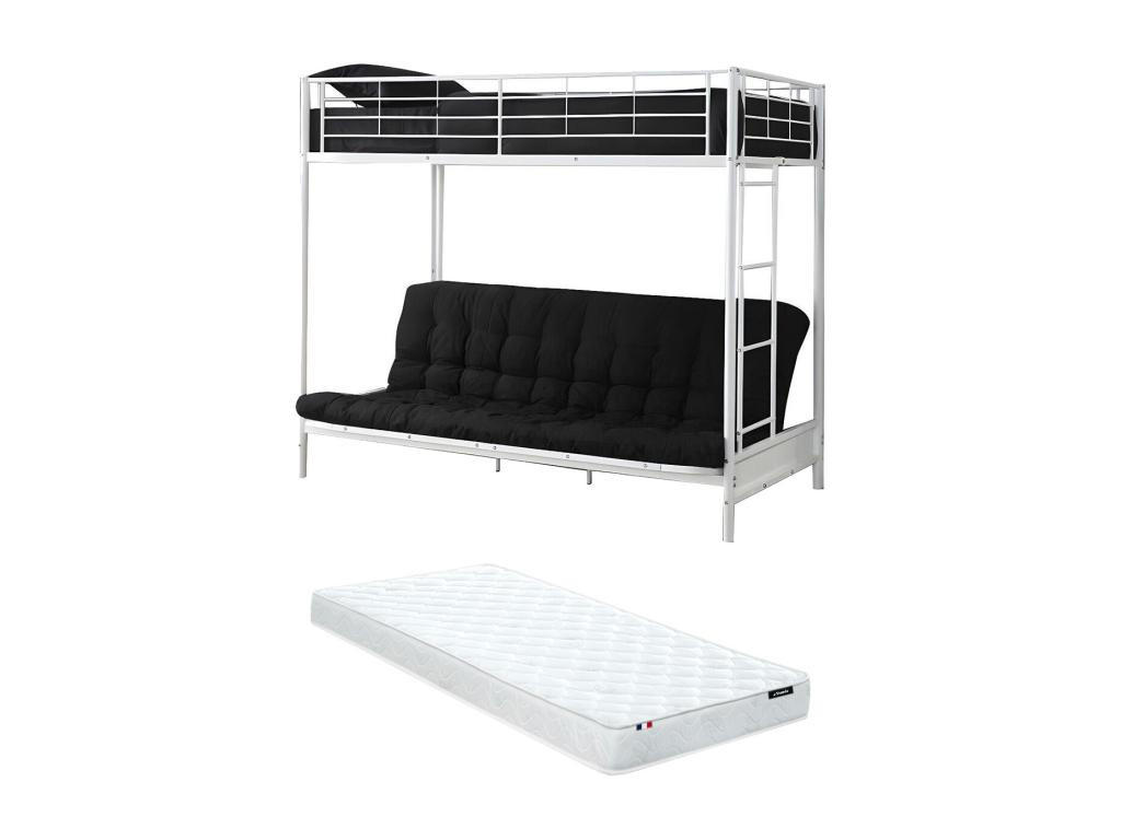 HOCHBETT mit Schlafsofa mit Matratze + Futonmatratze - 90 x 190 cm - Metall - Weiß - MODULO V - Schwarz/Weiß, Metall - Vente-Unique