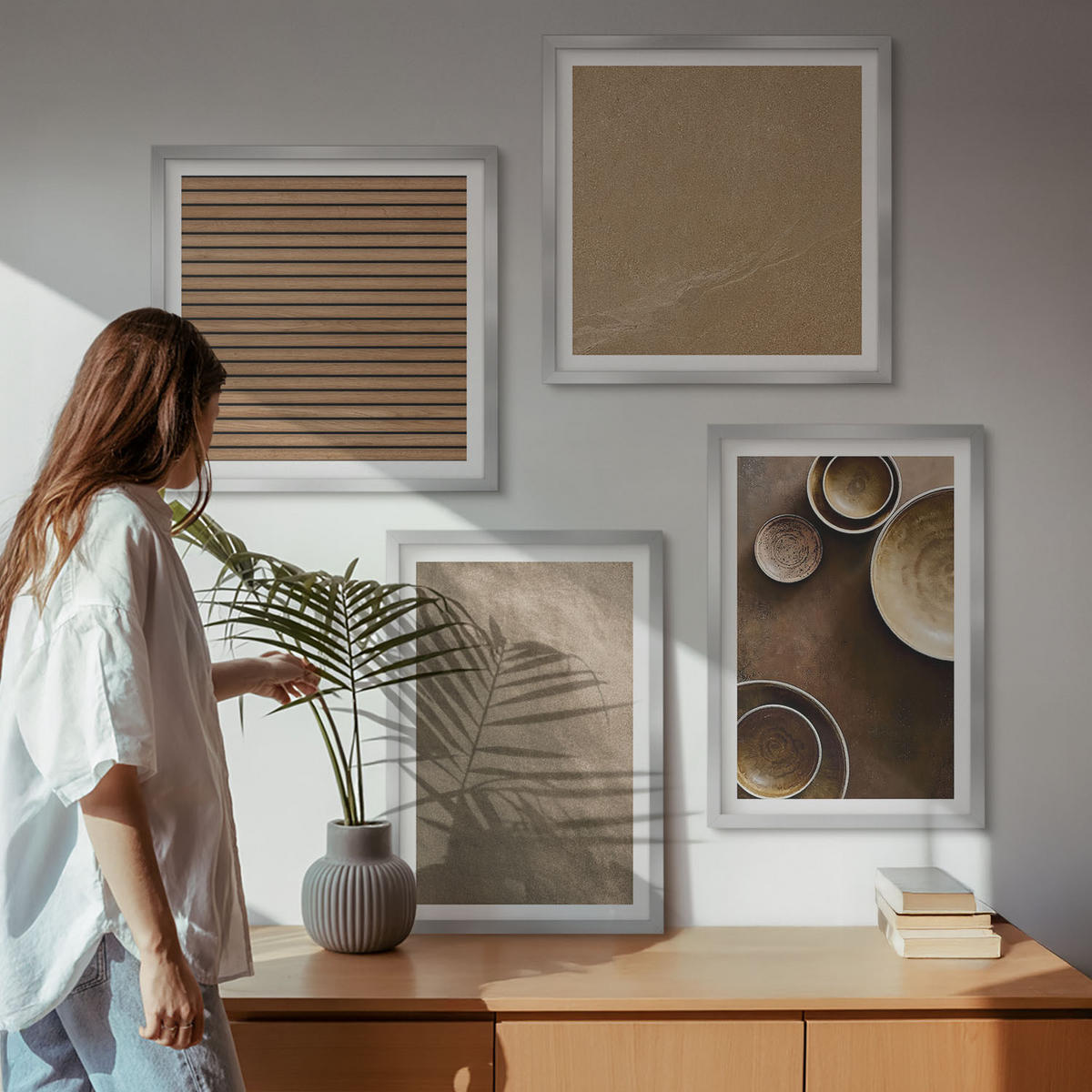 BILDER SET 4er Set - 50x50 cm & 40x60 cm Silberner Rahmen - Moderne Steinstrukturen - Silberfarben, Kunststoff (50/50cm) - TULUP