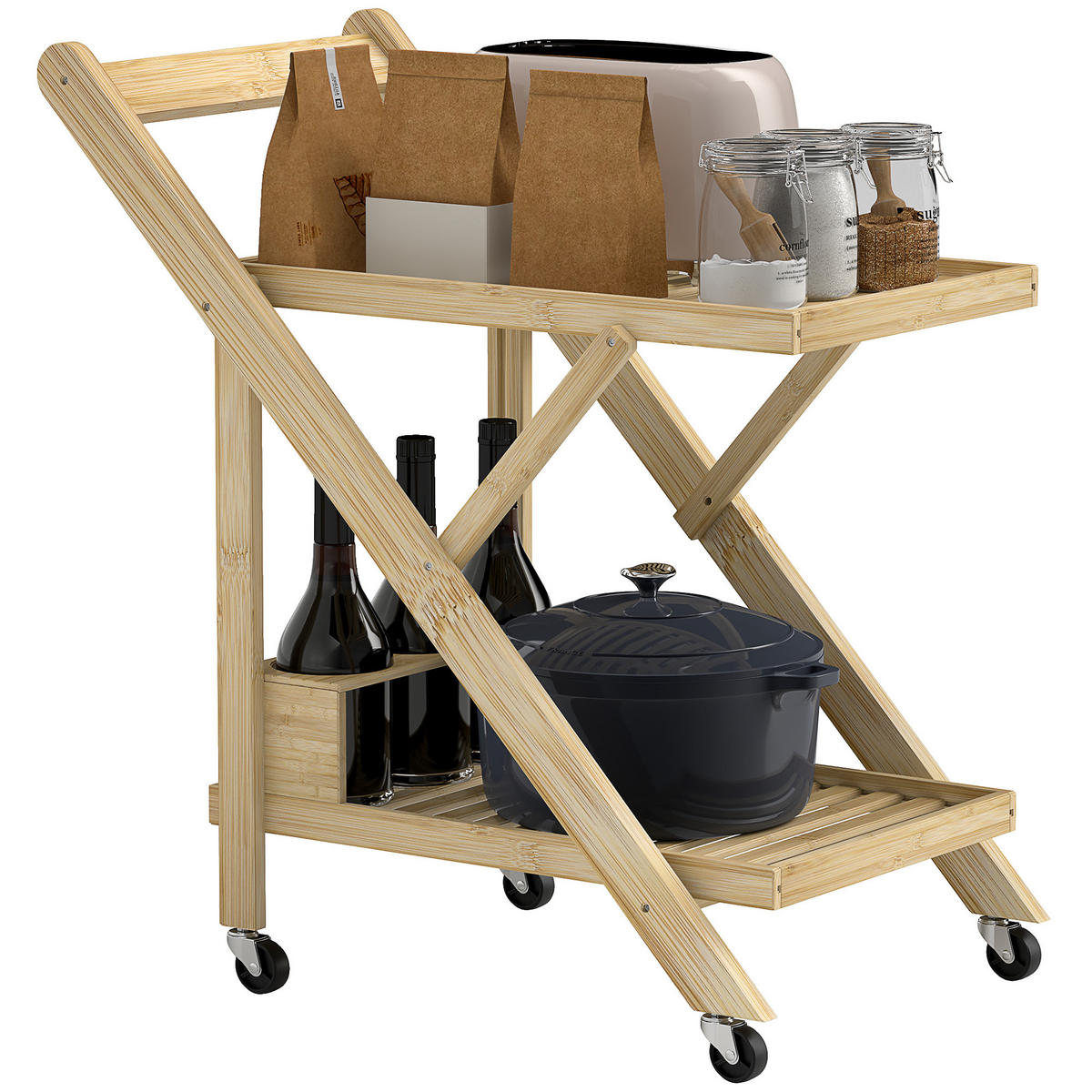 KÜCHENWAGEN mit Weinregal, 66 x 40 x 70 cm, Natur - Naturfarben, Naturmaterialien (66/70/40cm) - HOMCOM