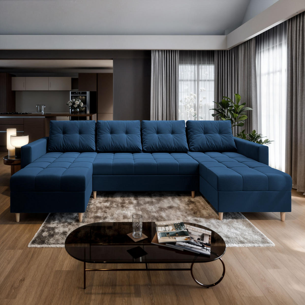 WOHNLANDSCHAFT MILO U Blau Plüsch-Stoff mit Schlaffunktion - Blau, Holz (285/91/140cm) - MASSENO